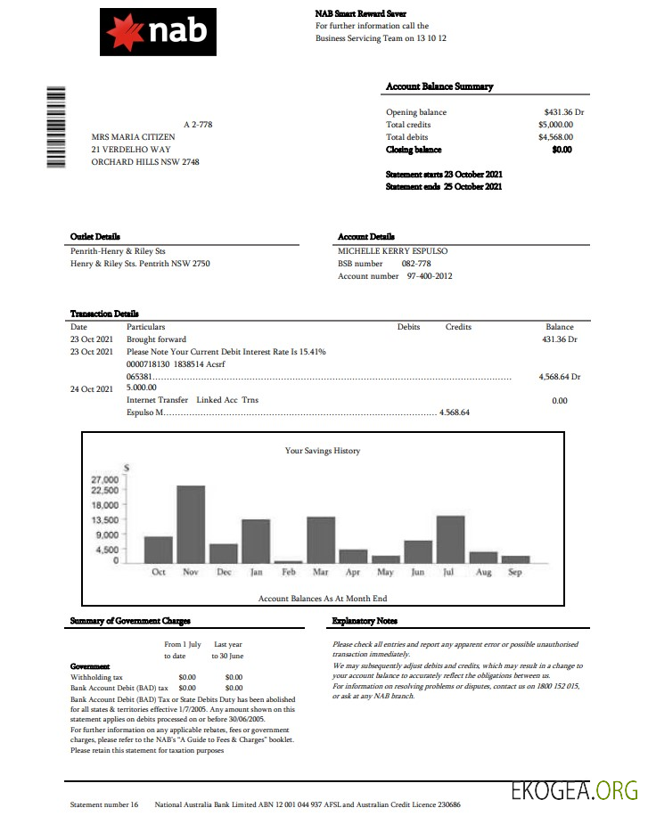 Relevé bancaire USA NAB
